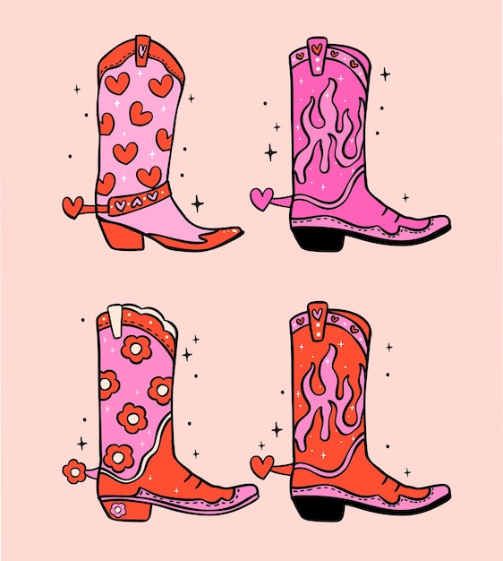 Botas de cowboy retrô Western Valentine Colecção de design em negrito desenhado à mão