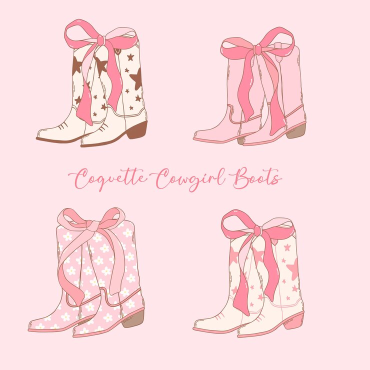 Vetor botas de cowgirl cor-de-rosa coquete com laço de laço coleção desenhada à mão