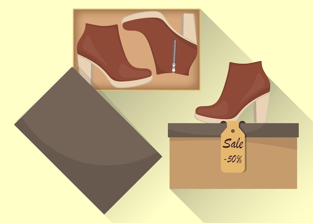 Botas de salto alto para mulheres modernas e elegantes na vista lateral da caixa Venda com desconto de 50 por cento