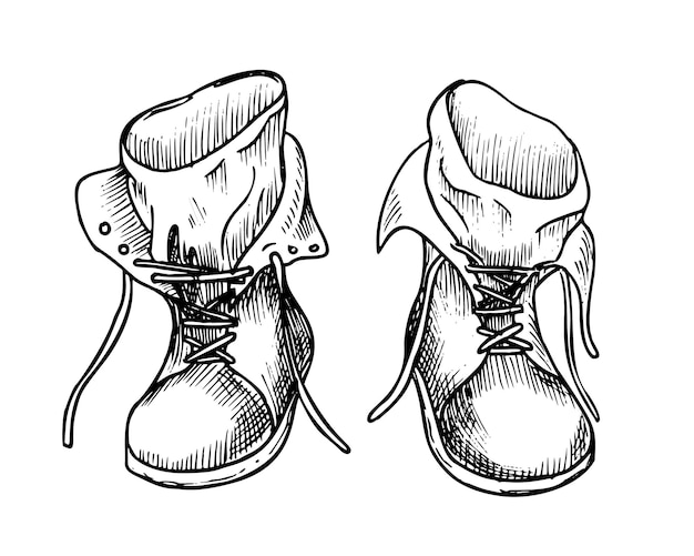 Botas vintage para caminhadas ilustração vetorial desenho linear desenhado à mão de sapatos de viagem de couro retro para turismo e acampamento Esboço de calçado militar para viagem e exploração Arte monocromática