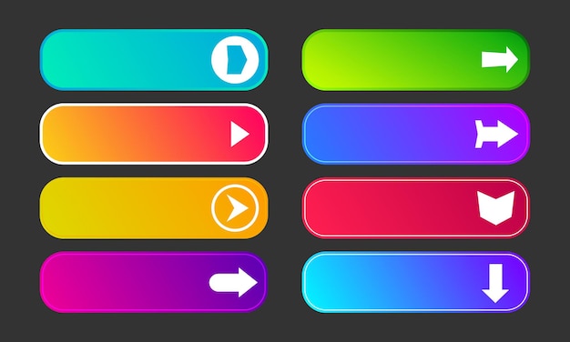 Botões de gradiente coloridos com setas. conjunto de oito botões web abstratos modernos. ilustração vetorial