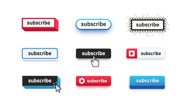 Botões de inscrição. elemento de interface do usuário que interage com o canal de vídeo com um modelo de design diferente, design de logotipo de assinatura. assinante de educação on-line de ilustração vetorial e assinante de ícone de mídia social