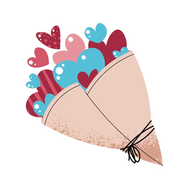 Bouquet com corações coloridos em estilo de desenho animado plano, corações embrulhados em vetor de fundo branco