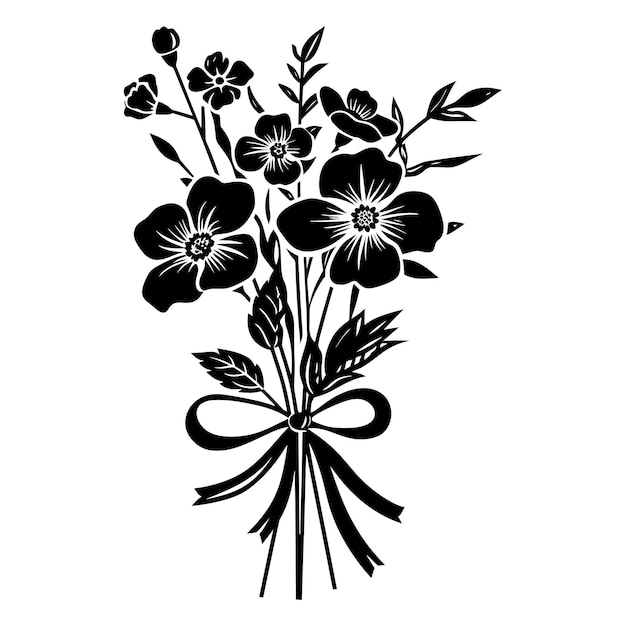 Vetor bouquet de flores de primavera de silhueta amarrado com fita de cor preta apenas