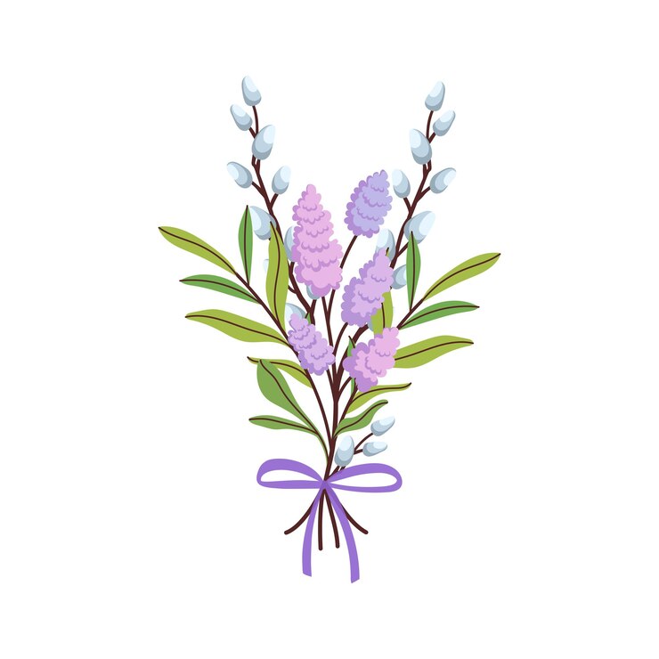 Vetor bouquet de primavera com galhos de salgueiro e flores de lila composição sazonal
