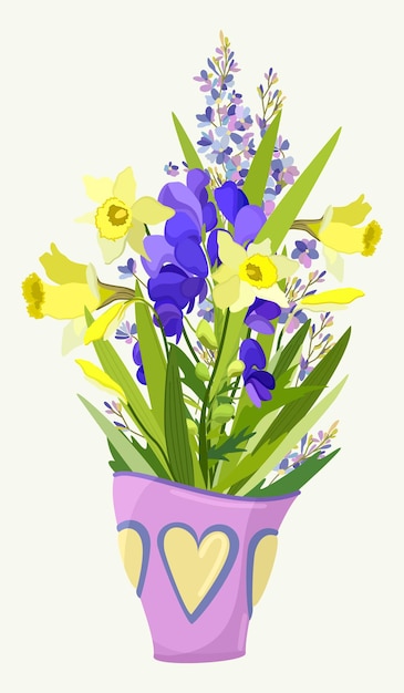Bouquet suave de flores de primavera em vaso decorativo rosa