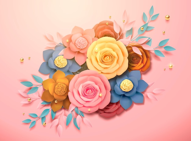 Boutique de flores de papel coloridas bonitas e decorações de contas douradas na ilustração 3D