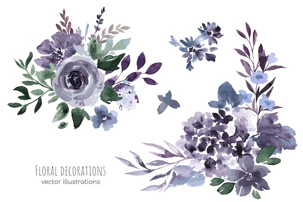 Vetor bouwuets de aquarela florais roxos com rosas e flores de hortênsia, ilustração vetorial