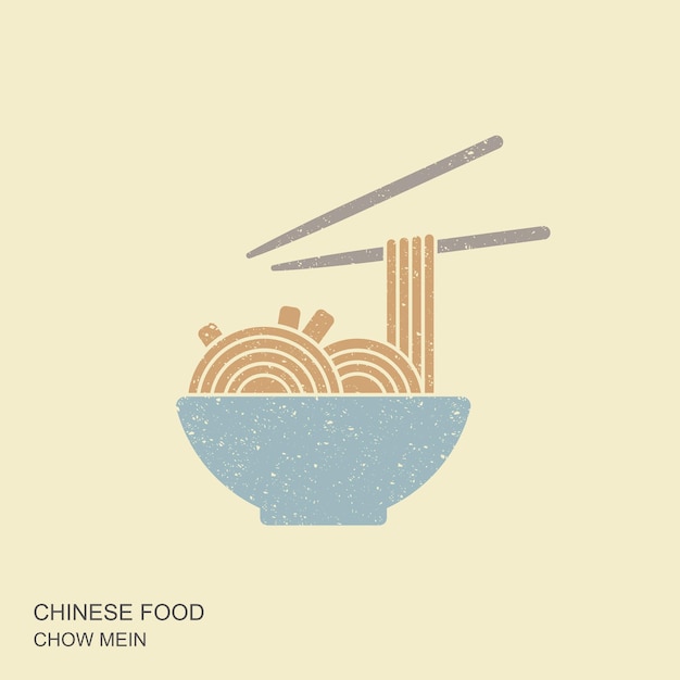 Bowl de macarrão chow mein com pauzinhos Ícone vetorial plano em estilo retro