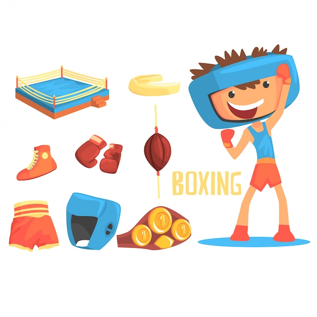 Boxer de menino, crianças sonho futuro profissional boxe ilustração de carreira esportiva com relacionados a objetos de profissão