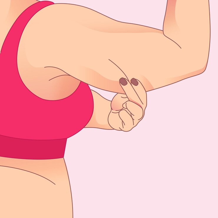 Vetor braço com excesso de pele, remoção de pele flácida. transformação da forma do corpo da mulher, fat to fit.