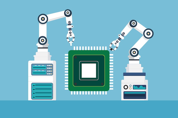 Vetor braço de robô automático produz processador, microchipset, manipuladores de robôs de ai industriais