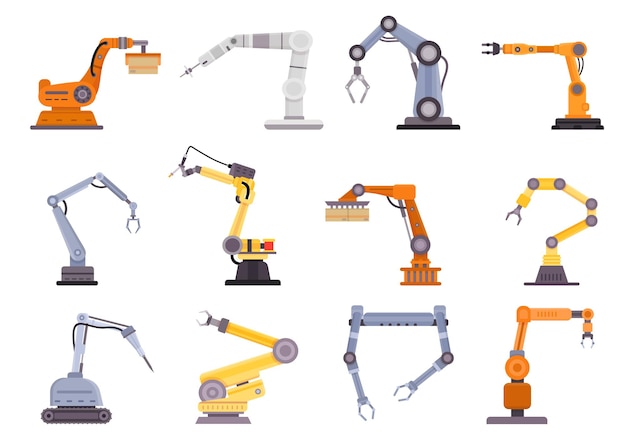 Braços de robôs de fábrica, manipuladores e guindastes para a indústria de manufatura. Ferramenta de controle mecânico plana, conjunto de vetores de equipamentos de tecnologia de automação. Mão de maquinário de produção, carregador inovador