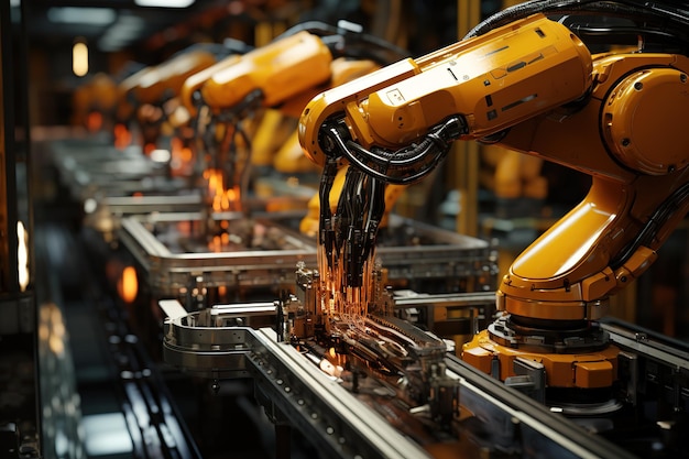 Vetor braços robóticos inteligentes da indústria para tecnologia de produção de fábrica digital mostrando fabricação automatizada