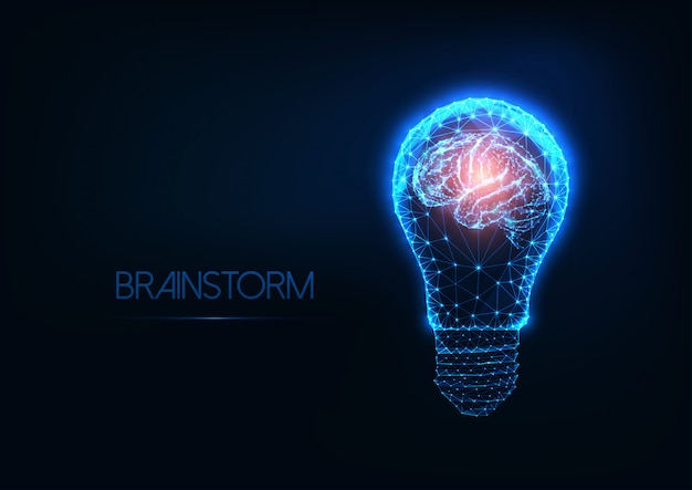 Vetor brainstorm com lâmpada incandescente poligonal baixa futurista e cérebro humano.