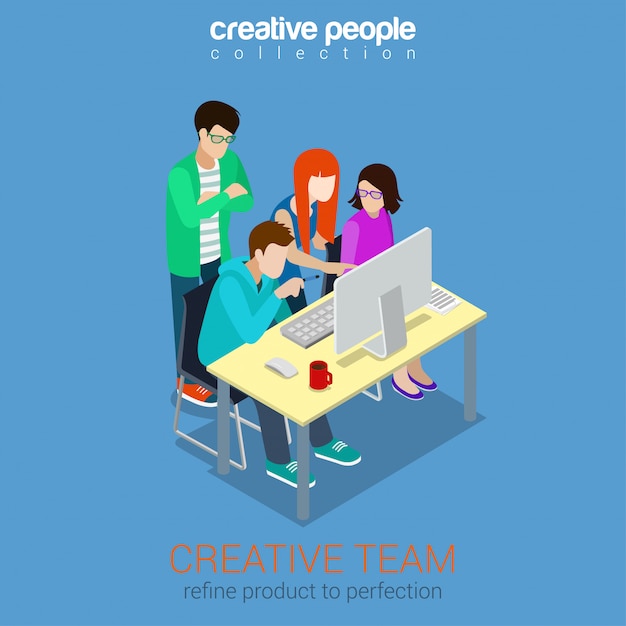 Brainstorming equipe isométrica pessoas conceito isométrico. Trabalho em equipe do processo de trabalho de agência de publicidade em torno da mesa com ilustração de laptop.