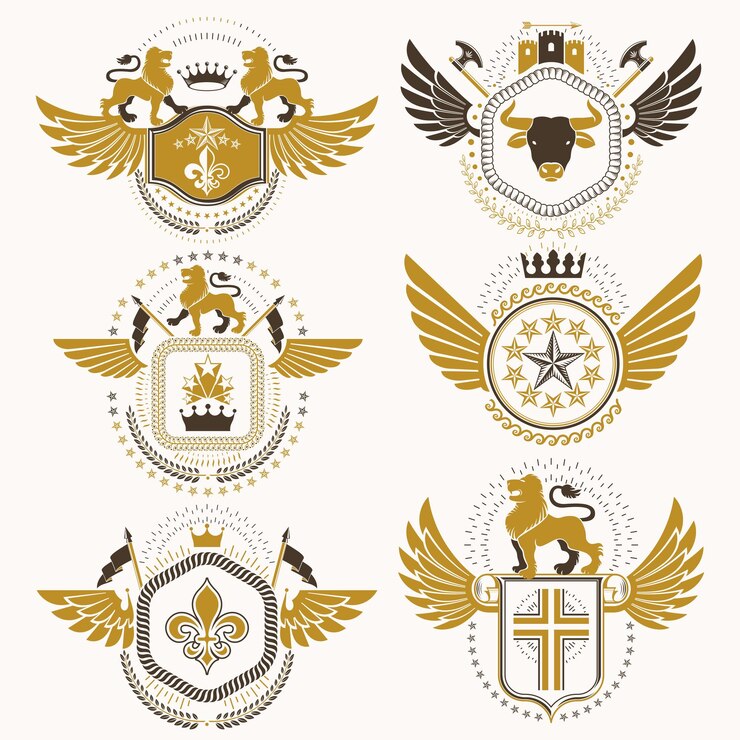 Vetor brasão heráldica elegante do vetor. coleção de brasões estilizados em design vintage e criados com elementos gráficos, coroas e bandeiras reais, estrelas, torres, arsenal, cruzes religiosas.