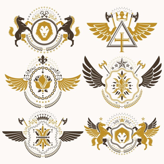 Brasão heráldico criado com elementos vetoriais vintage, asas de pássaros, animais, torres, coroas e estrelas. coleção de emblemas simbólicos elegantes, conjunto de vetores.