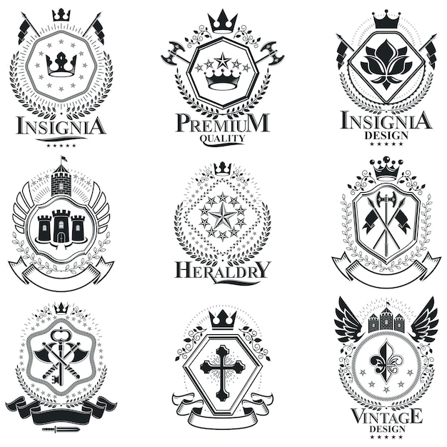 Brasão heráldico de armas, emblemas de vetor vintage. Coleção de ilustrações simbólicas de alta qualidade elegante, conjunto de vetores.