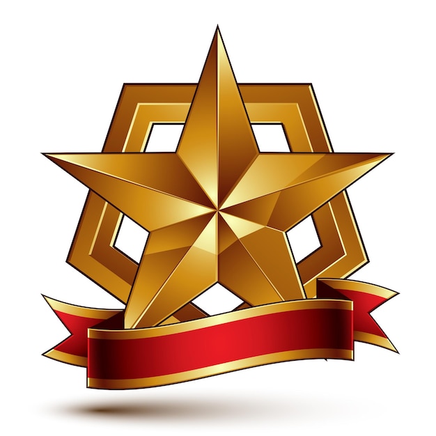 Brasão heráldico dourado 3d com estrela pentagonal brilhante, melhor para web e design gráfico, vetor eps 8 claro. brasão decorativo com fita vermelha ondulada, símbolo de defesa.