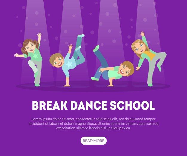 Vetor break dance school landing page template coreografia contemporânea educação banner ilustração vetorial