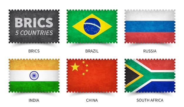 Brics. associação de 5 países. forma de carimbo com textura de papel grunge. fundo branco isolado. vetor de elemento.