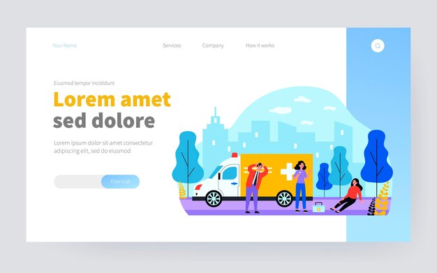 Brigada de ambulância chegando para socorrer feridos. Mulher com a perna quebrada sentada do lado de fora da ilustração vetorial plana. Emergência, conceito de primeiros socorros para banner, design de site ou página de destino
