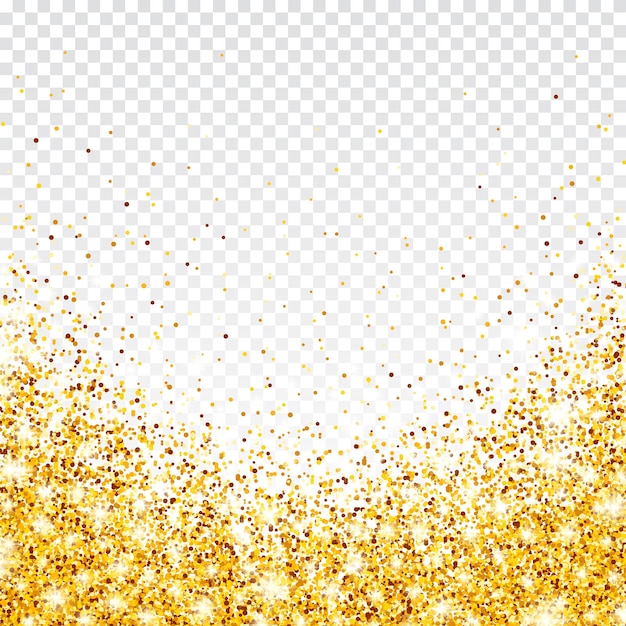 Brilhante brilho dourado em fundo vetorial transparente caindo confete brilhante com fragmentos de ouro