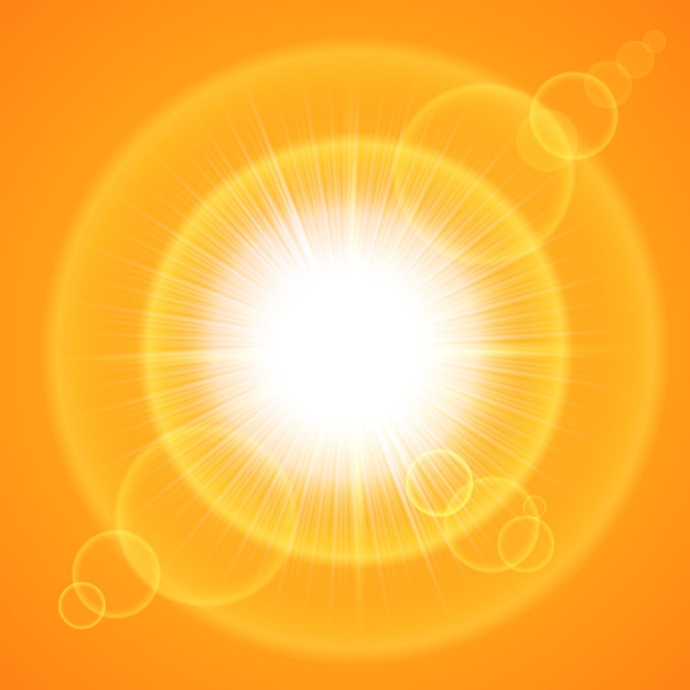 Brilhante estrela brilhante luz do sol brilho design vetorial de lente em fundo laranja