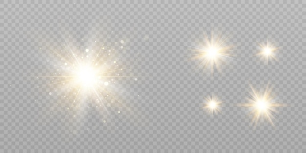 Brilho de faíscas douradas de luz sobre um fundo transparente coleção de vetores turva de estrelas sol