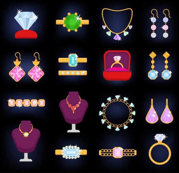 Brincos de colar de pulseira de jóias de ouro e anéis de prata com diamantes jóias acessórios conjunto ilustração isolado no fundo branco