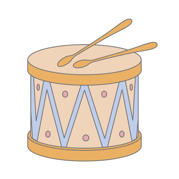 Brinquedo de bebê de tambor em estilo cartoon Ilustração em vetor de criança Snare e varas para ícone ou logotipo Instrumento musical infantil de madeira com baquetas em bonitos tons pastel de azul e rosa