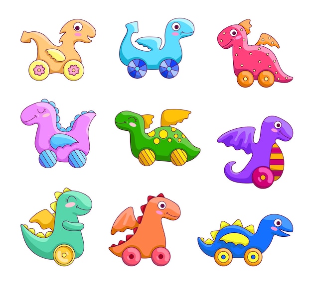 Brinquedo de dragão de madeira personagem de desenho animado brinquedos e presentes para crianças estilo desenhado à mão.