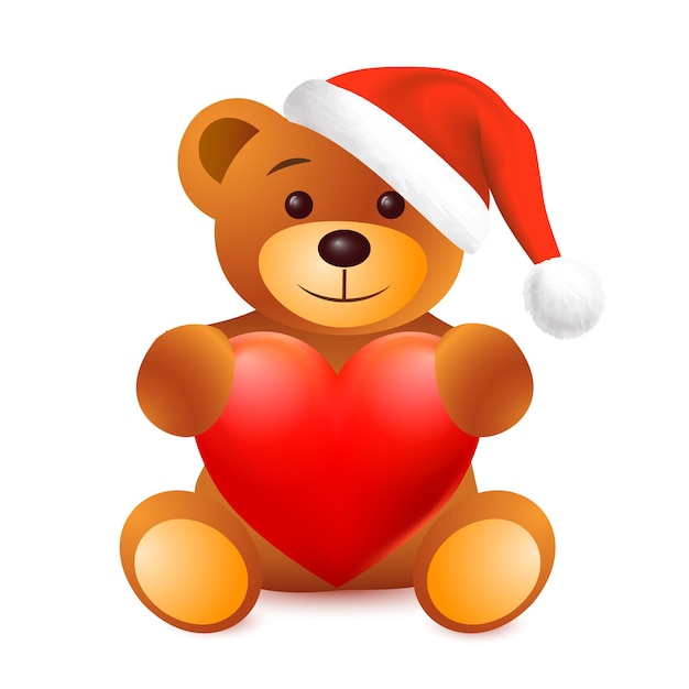Brinquedo de inverno bebê fofo urso de pelúcia marrom com coração vermelho e chapéu de papai noel natal isolado