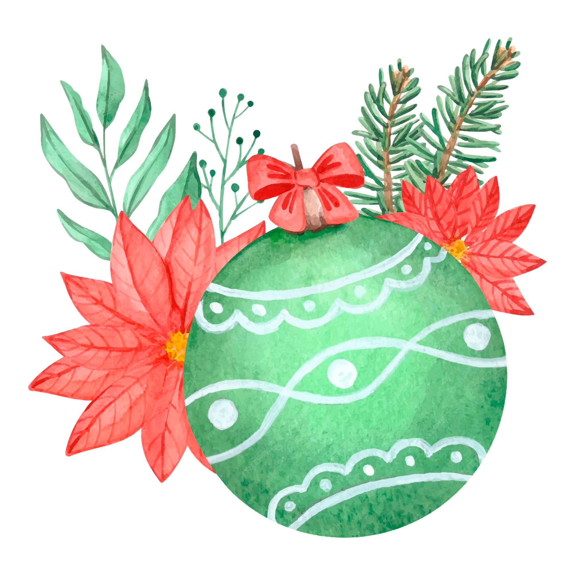 Brinquedo de natal verde aquarela com ramo de abeto e flor de poinsétia.  ilustração de inverno | Vetor Premium