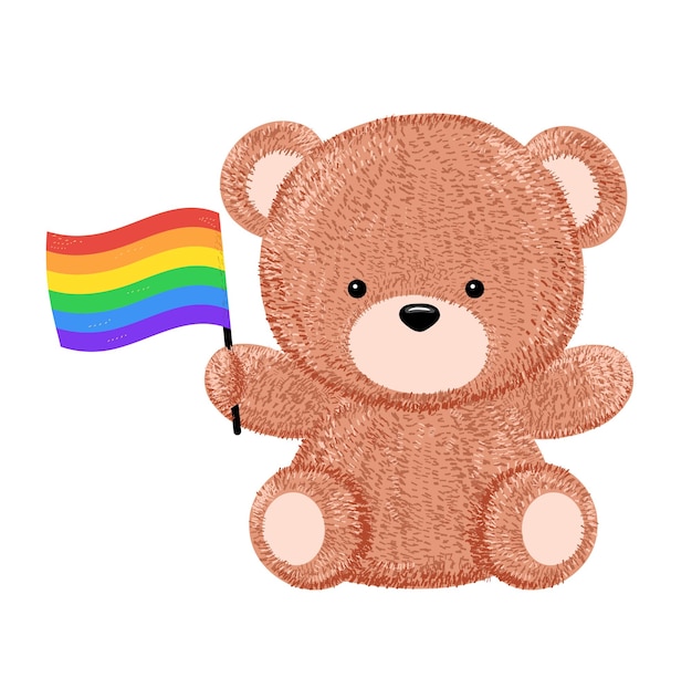 Vetor brinquedo de urso engraçado bonito com bandeira lgbt vector cartoon kawaii ilustração de personagem estilo lápis desenhado à mão urso feliz engraçadolgbtgay bandeira personagem impressão para vestuáriocartão shirtlogoposter concept