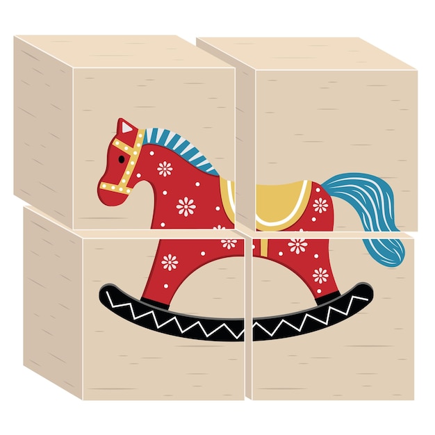 Brinquedo educacional de madeira para cubos infantis com ilustração vetorial de cor de cavalo