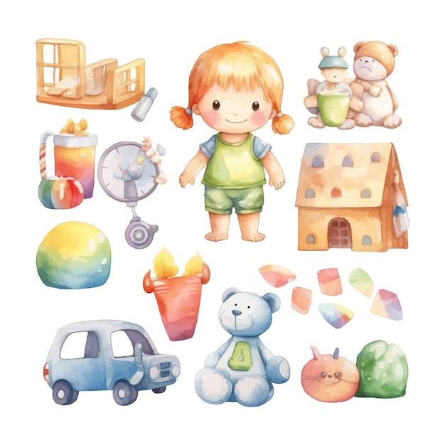 Brinquedo infantil aquarela clipart fundo branco