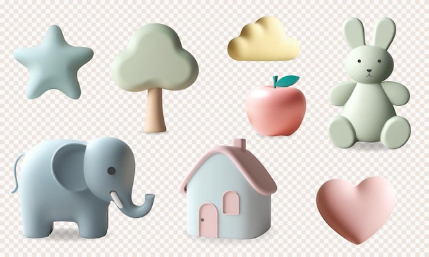 Brinquedos 3D para crianças e elementos de creche 3D renderizado com bonito elefante coelho nuvem de estrela em cores pastel