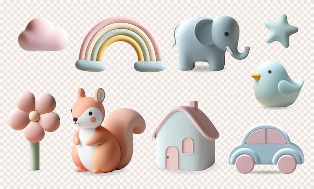 Brinquedos 3D para crianças e elementos de creche 3D renderizado com bonito elefante esquilo arco-íris carro em pastel