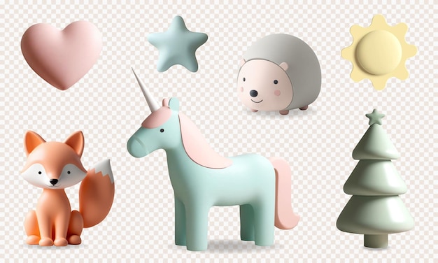 Brinquedos 3D para crianças e elementos de creche 3D renderizado com bonito ouriço raposa unicórnio coração em pastel