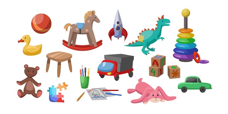 Vetor brinquedos bonitos do conjunto de ilustrações vetoriais de pelúcia, plástico e madeira. tijolos de construção de madeira, lápis, carros de brinquedo para bebês, elementos de berçário isolados no fundo branco. infância, conceito de entretenimento