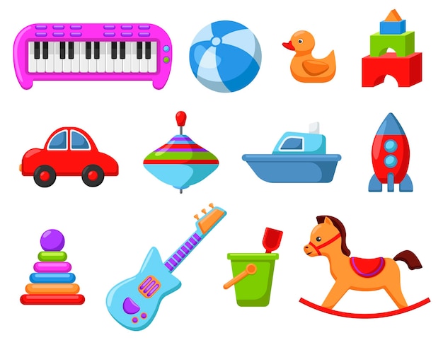 Vetor brinquedos coloridos do bebê no conjunto de ilustração dos desenhos animados de fundo branco. guitarra, piano, pirâmide, bola, carro, chicote, pato, navio para o desenvolvimento infantil. entretenimento, educação, conceito de jogo