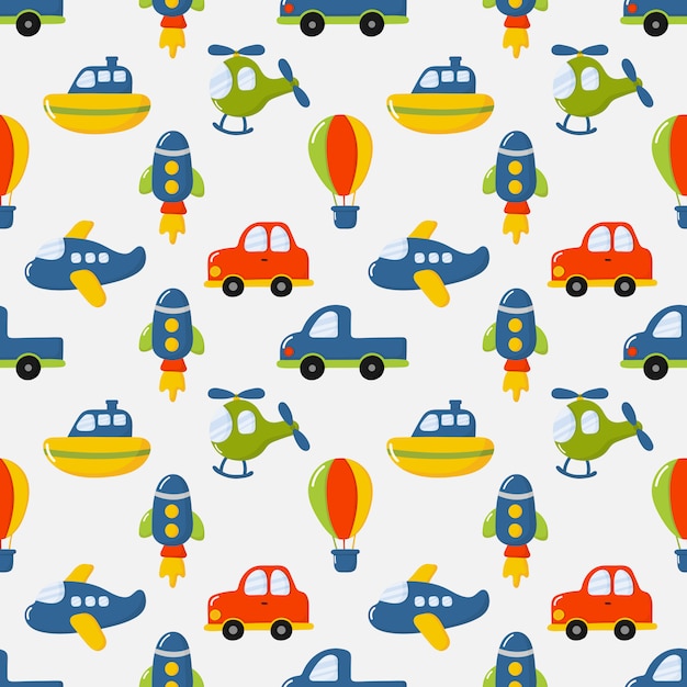 brinquedos de transporte sem costura padrão dos desenhos animados. carros, barco, helicóptero, foguete, balão e avião