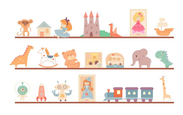 Brinquedos e presentes para crianças nas prateleiras da loja Exibição na loja para ilustração vetorial de crianças Prateleiras com bonecas ursinho carro ônibus robô trem dino castelo em linhas no fundo branco