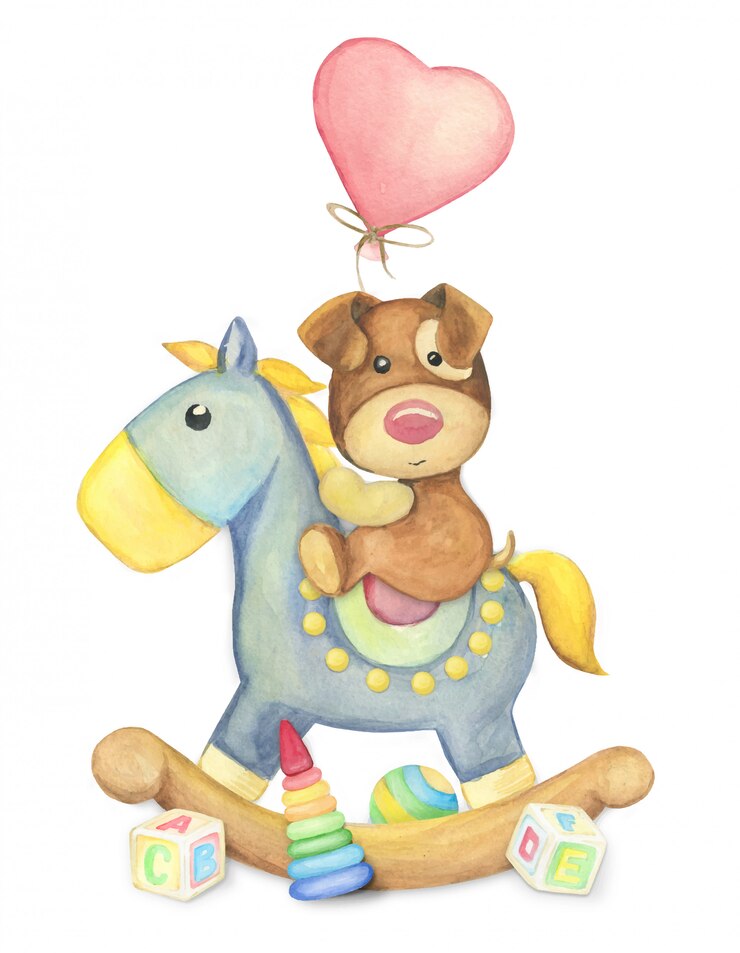 Brinquedos em aquarela, cachorro e cavalo, ilustração
