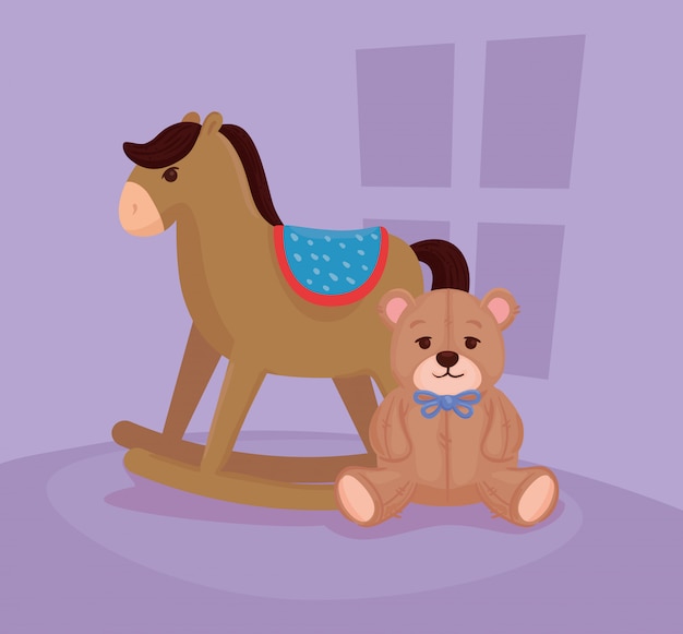 Brinquedos infantis, cavalo de balanço de madeira com ursinho de pelúcia