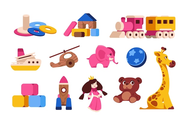 Vetor brinquedos infantis de desenho animado brinquedos de plástico coloridos diferentes para bebês e crianças vários animais de transporte e quebra-cabeças coleção de brinquedos isolada infantil vetorial