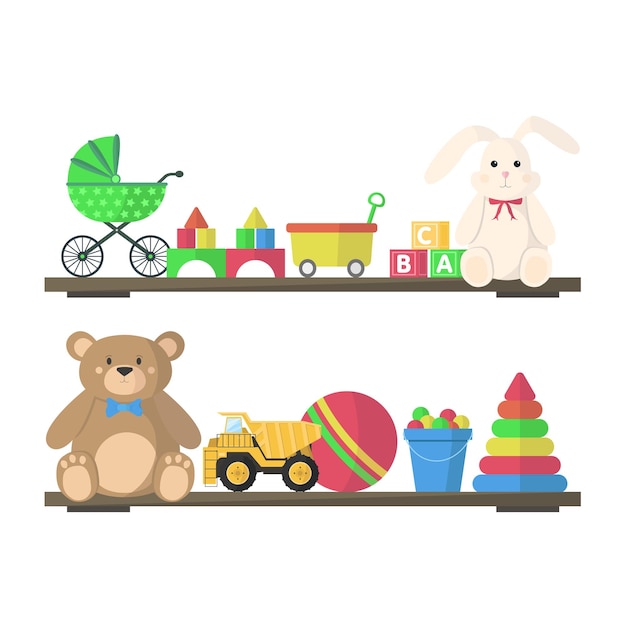 Brinquedos infantis nas prateleiras Conjunto de brinquedos para crianças pequenas Brinque para aniversário