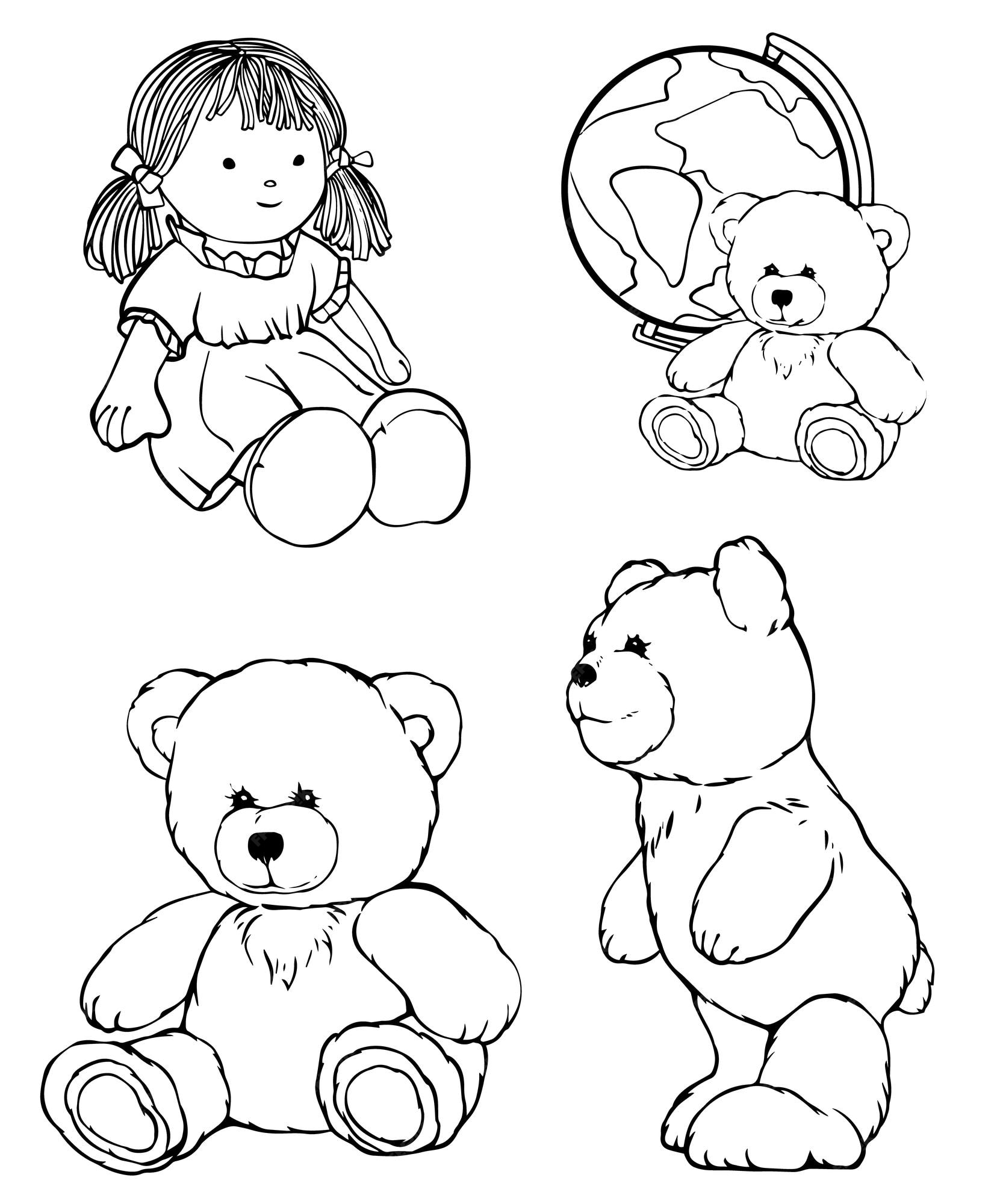 urso de brinquedos macios, boneca. quadro pintado à mão em preto e branco.  para colorir e seus livros. 13789497 Vetor no Vecteezy